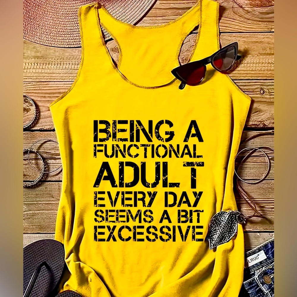 BEING A FUNCTIONAL ADULT Print Loose Fit Tank Top, Fitness Yoga Running Top.